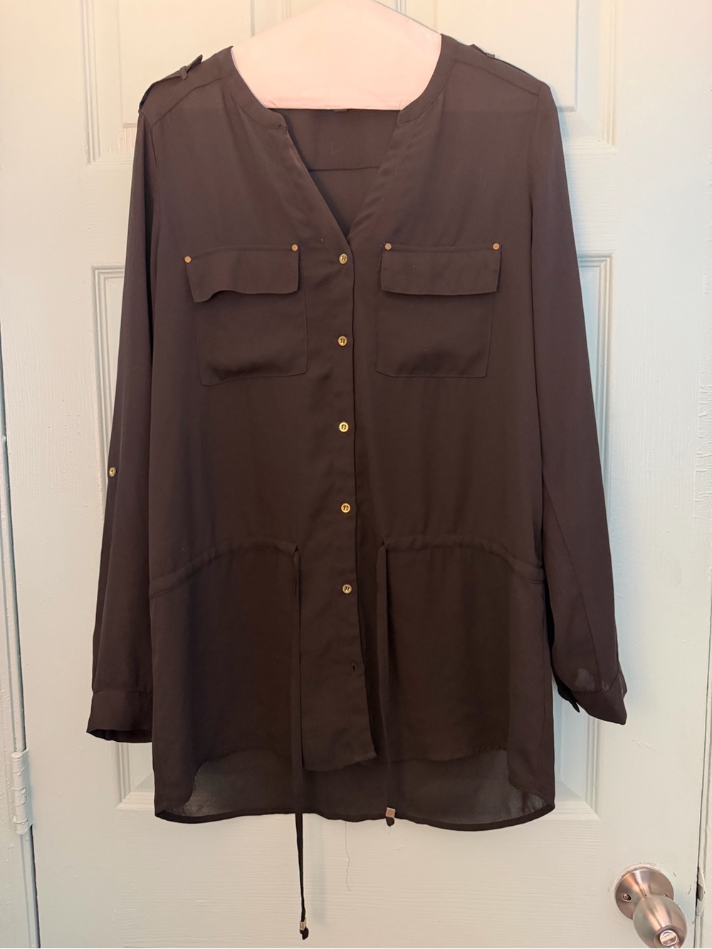 The Limited Brown Long-Sleeve Drawstring Tunic Blouse
